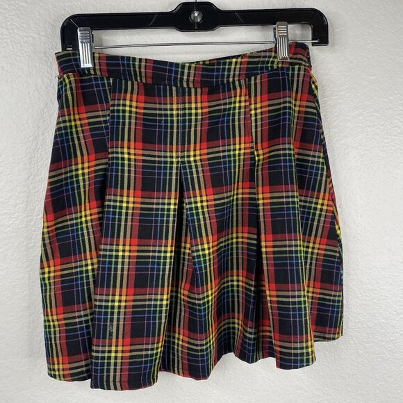 Hot Topic Rainbow Plaid Double Buckle Pleated Skirt Kilt Goth Punk Academia Sz S - Picture 2 of 6